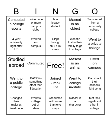 College Bingo Card