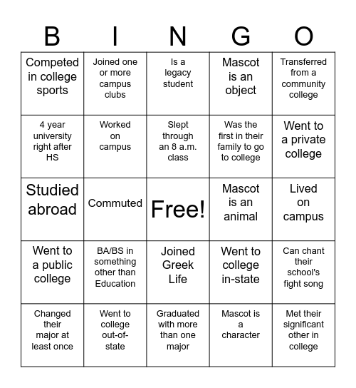 College Bingo Card