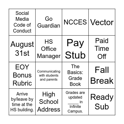 New Hire Binder Bingo Card