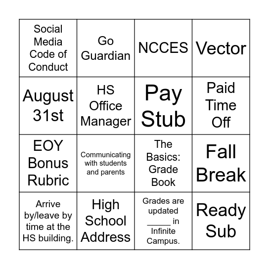 New Hire Binder Bingo Card