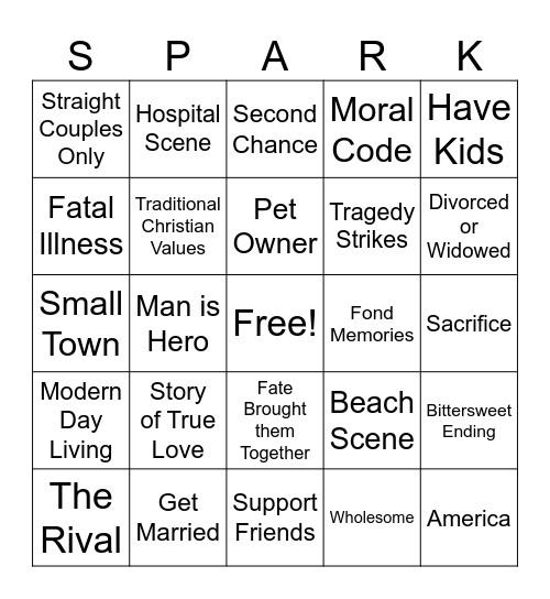Nicholas Sparks Books Bingo Card