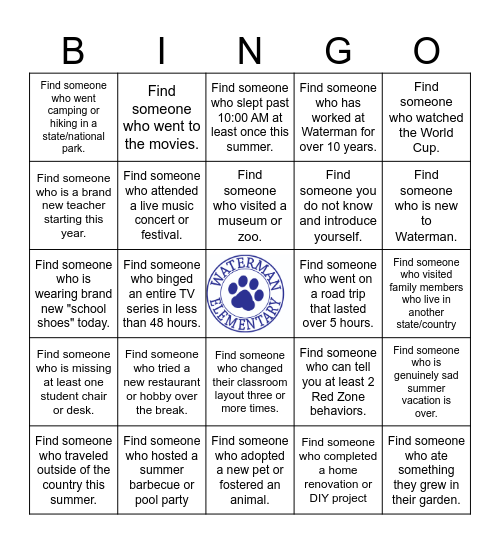 Waterman PreWeek BINGO Card