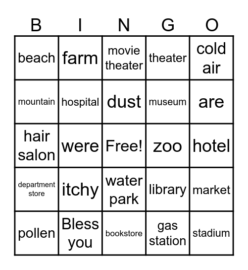 Boost Up 3: Unit 8: Fun Places Bingo Card