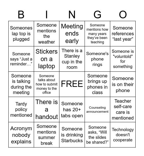 Teacher Staff Meeting Bingo Card
