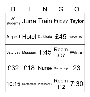 IELTS Listening Activity Bingo Card