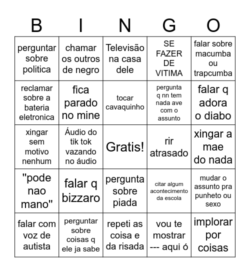 bingo do gabriel oculto Bingo Card