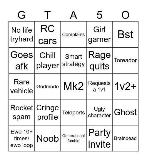 GTA bingo Card