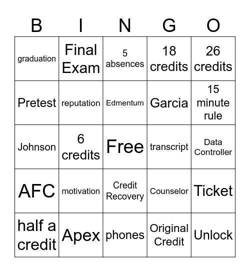 Reconnection Bingo Card