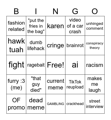 Instagram reel bingo Card