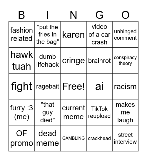 Instagram reel bingo Card