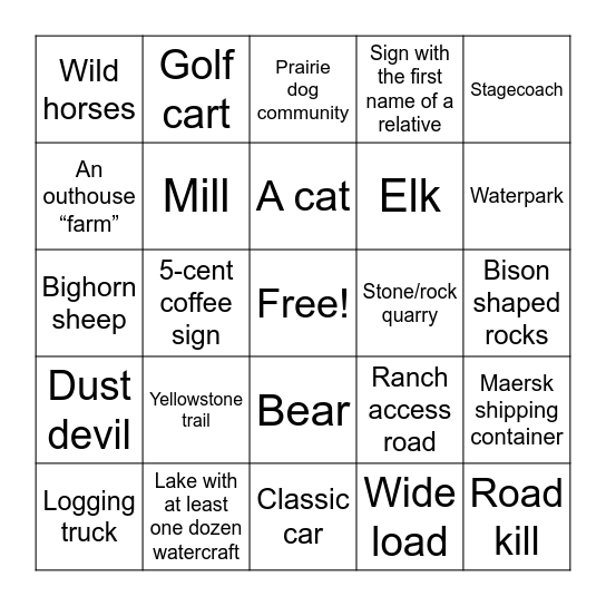 Interstate 90 Bingo Card