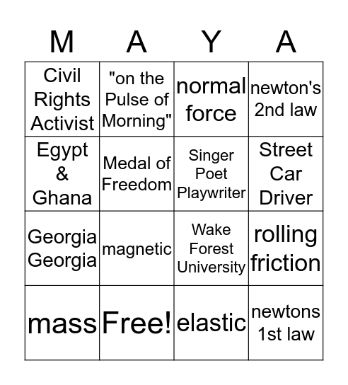 Maya Angelou Bingo Card