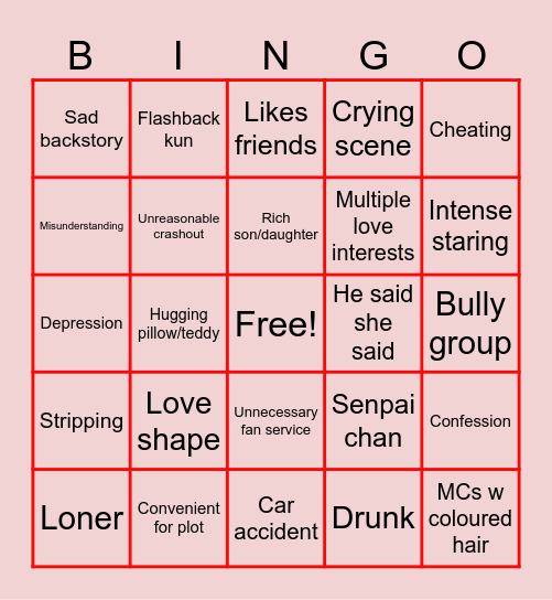 Romance Anime Bingo Card
