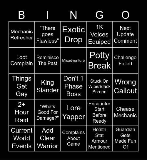 Raid Night Bingo Card