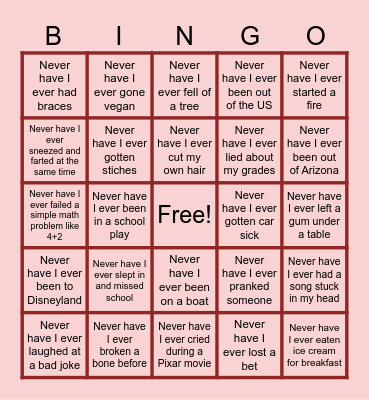 Never Have I Ever Bingo Card