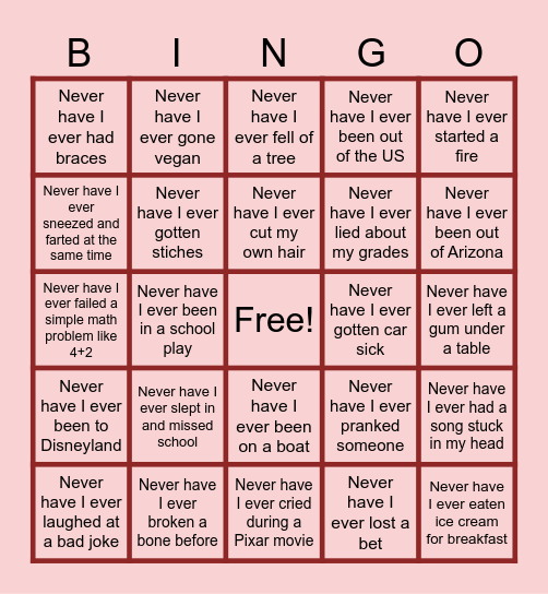 Never Have I Ever Bingo Card