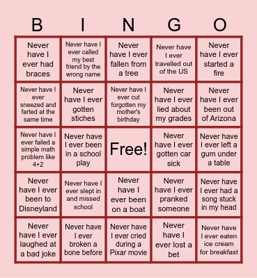 Never Have I Ever Bingo Card