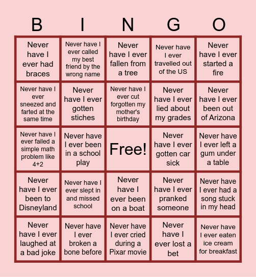Never Have I Ever Bingo Card
