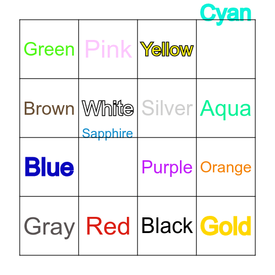 Colours Bingo Card