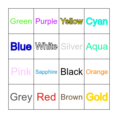 Colours Bingo Card