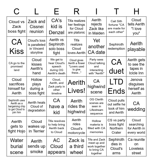 FF7 Revelation - Clerith Bingo Card
