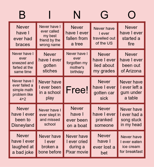 Never Have I Ever Bingo Card