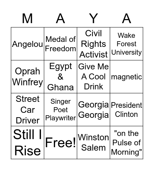 Maya Angelou Bingo Card
