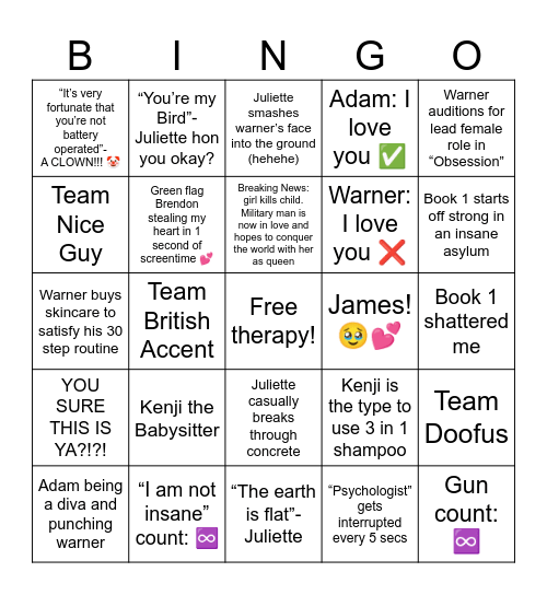 Bingo Me! (A Shatter Me Bingo Part 1!) Bingo Card