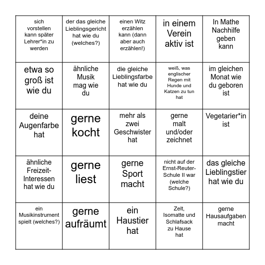 Bingo zum Kennenlernen der 11E: Finde eine*n Schüler*in, die*der ... Bingo Card