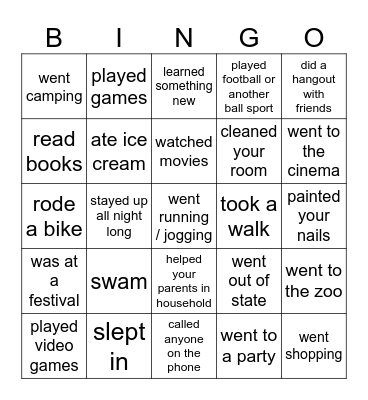 Summer Vacation Bingo Card