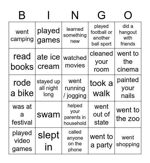 Summer Vacation Bingo Card