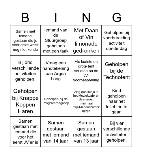 JV Bingo Card