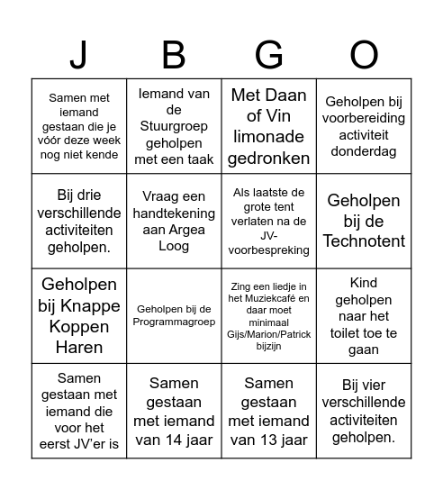 JV Bingo Card