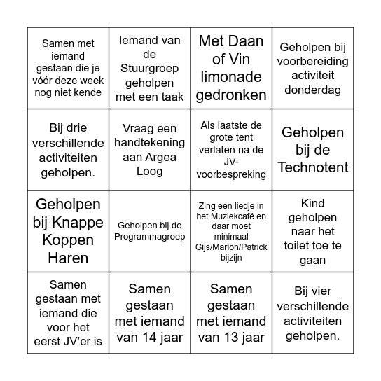 JV Bingo Card