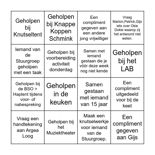 JV Bingo Card