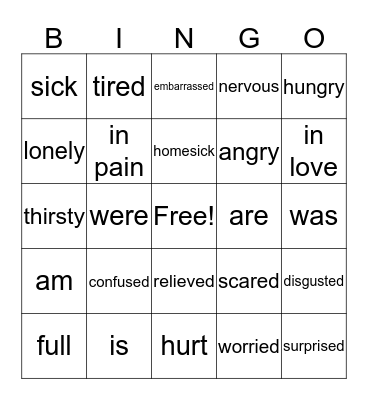 Feelings and Verb BE Bingo Card