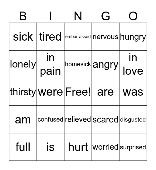 Feelings and Verb BE Bingo Card