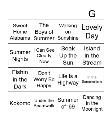 Summer Song Bingo Card