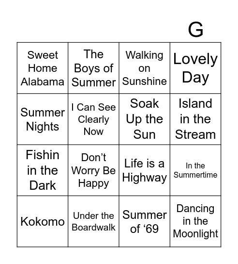 Summer Song Bingo Card