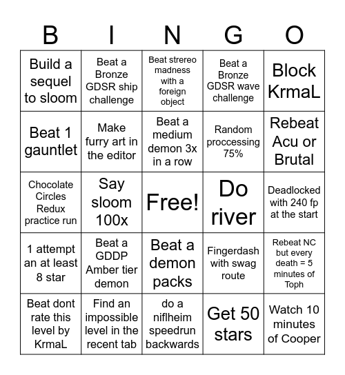 GD Bingo Card