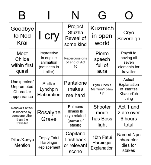 Genshin 7.0 Bingo Card