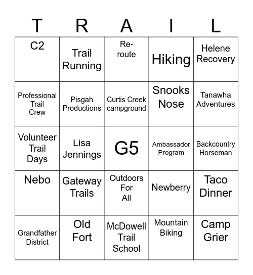 G5 Trails BINGO Card