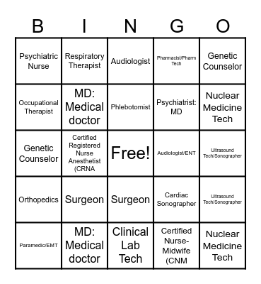 Health Science Career BINGO Card