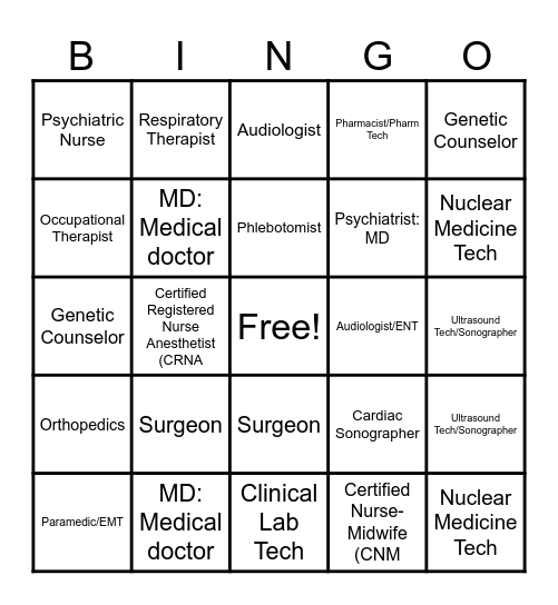 Health Science Career BINGO Card