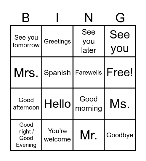 Saludos y Despedidas Bingo Card