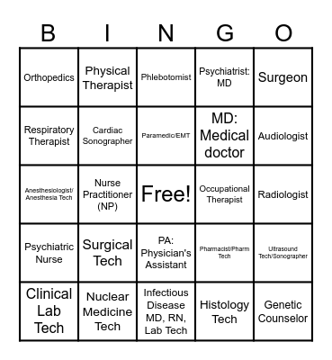 Health Science Career Goals Bingo Card