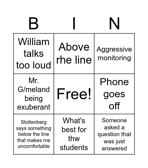 Monday PD below the line bingo Card