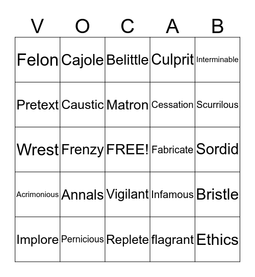 Vocab! Bingo Card