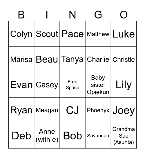 Mom/Grandma/Anne/ Great    Family Bingo Card