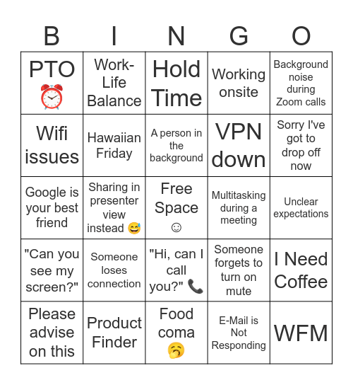 work work work work work! Bingo Card